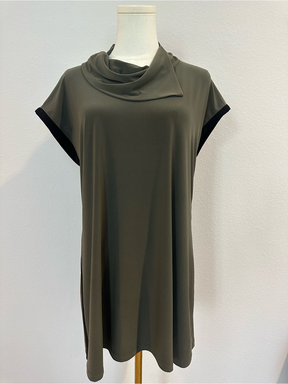 Joseph Ribkoff Olive Green w/ black trim Draped Cowl Neck Tunic
